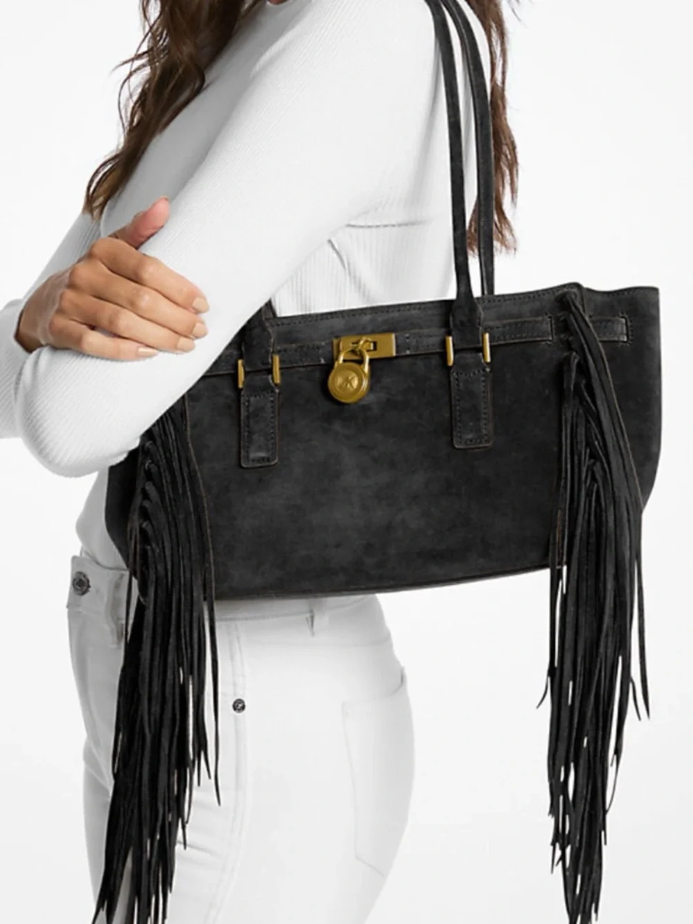 NEW MICHAEL KORS
Hamilton Moderne Small Fringed Suede Satchel BLACK - Picture 1 of 6